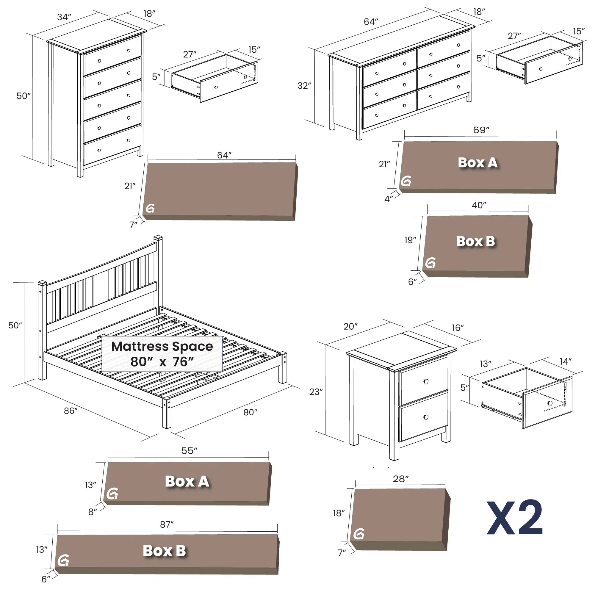 5-Piece Shaker Slat Platform Bedroom Set - Queen Size Solid Wood Bed Frame with Nightstands & Dresser - Modern Farmhouse Bedroom Furniture for Home Decor