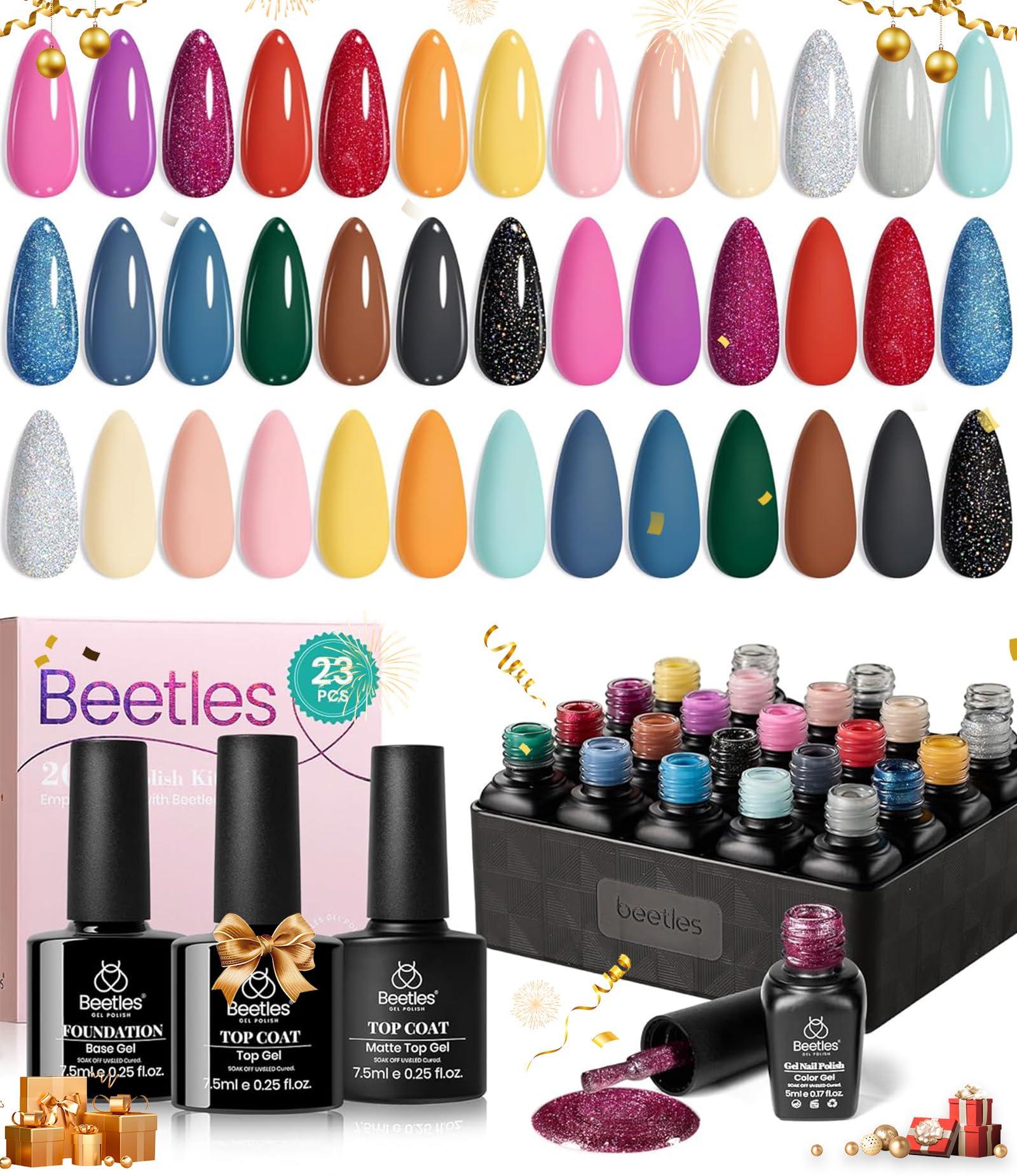 Beetles 20 Colors Gel Nail Polish Set - Pink, Red, Sparkle Glitter & Black UV/LED Soak Off Gel Polish Kit with Base & Top Coat | Spring Manicure Gift for Women & Girls | Perfect for Home Nail Salon, DIY Manicures & Party Looks