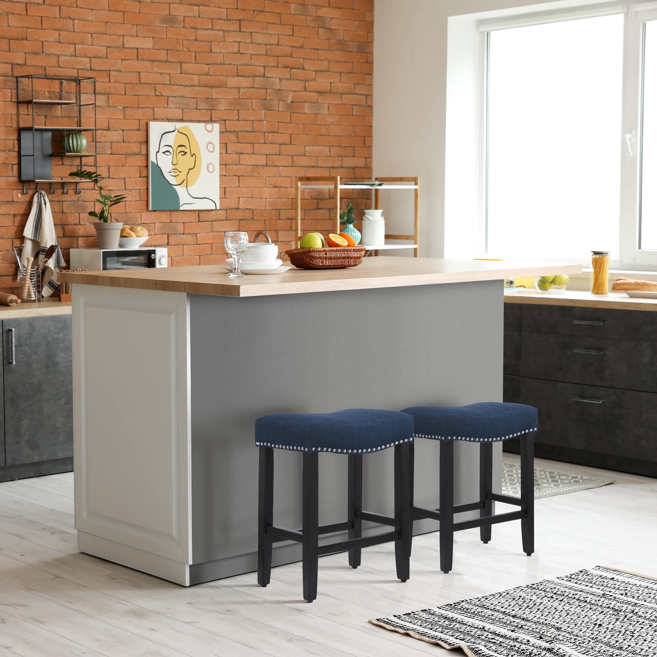 Modern Farmhouse Black Bar Stools Set of 2 - 24 Inch Counter Height Wooden Saddle Stools with Linen Upholstered Cushion & Solid Wood Legs - Navy Blue Kitchen Bar Stools for Home, Restaurant, or Cafe Decor