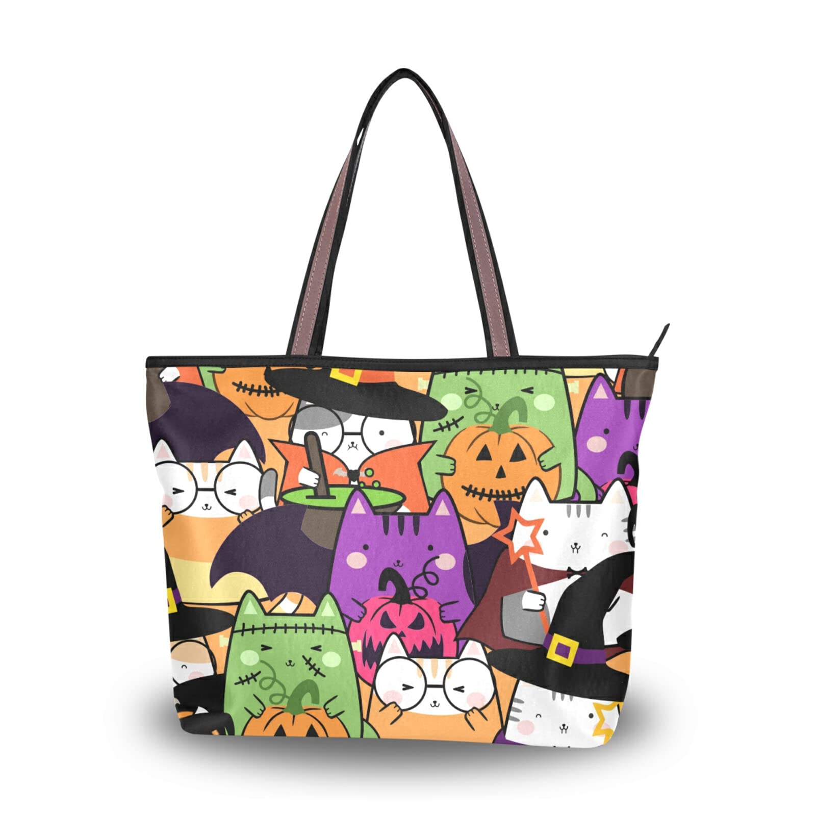 Kawaii Monster Cats Tote Bag - Large Zipper Purse for Women, 2 Sizes - Perfect for Grocery Shopping & Daily Use