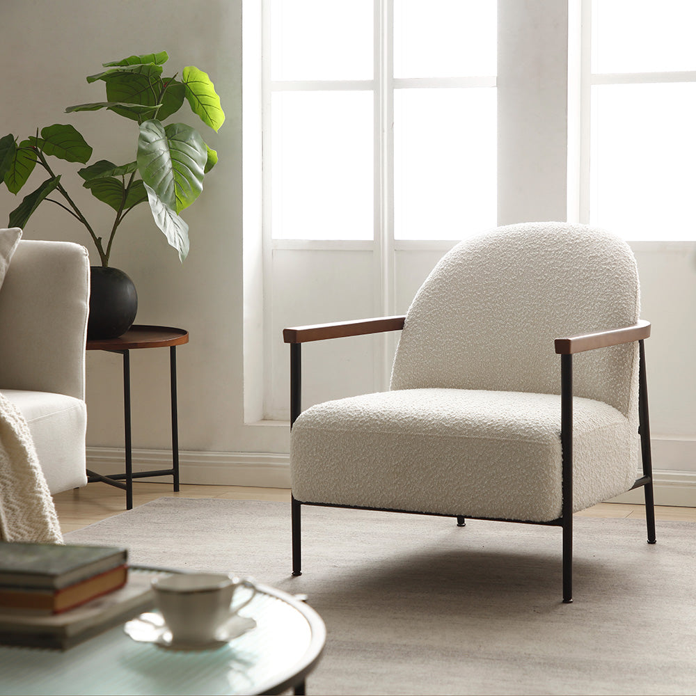 KAZAN Modern Lounge Chair - Off White Fabric, Walnut Wood Frame & Black Accents - Perfect for Living Room, Bedroom or Office Relaxation