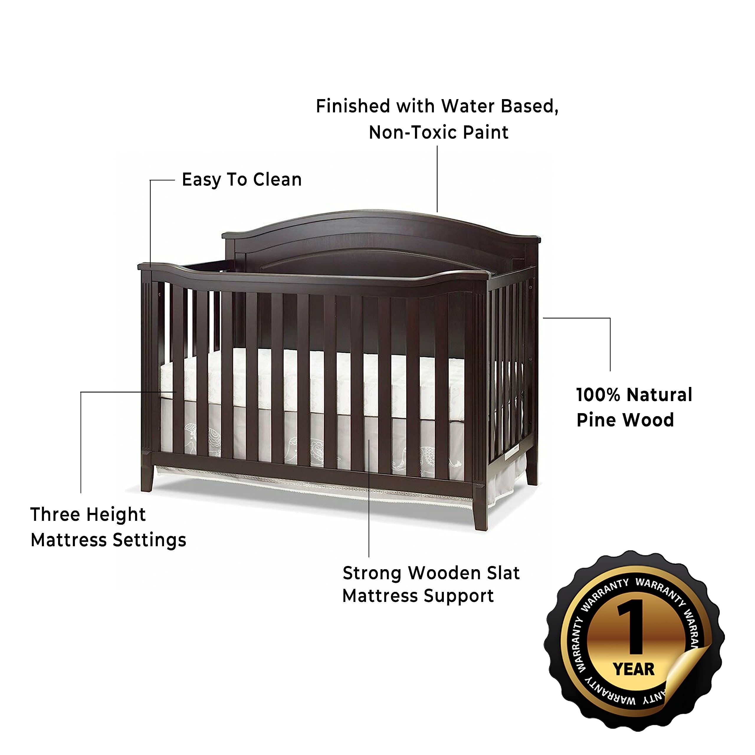 SORELLE FURNITURE Berkley 4-in-1 Convertible Wooden Crib - Non-Toxic Finish, Classic Round Top Design for Nursery, Converts to Toddler Bed, Daybed & Full-Size Bed (Espresso) | Perfect for Baby's First Bedroom & Growing Child's Room