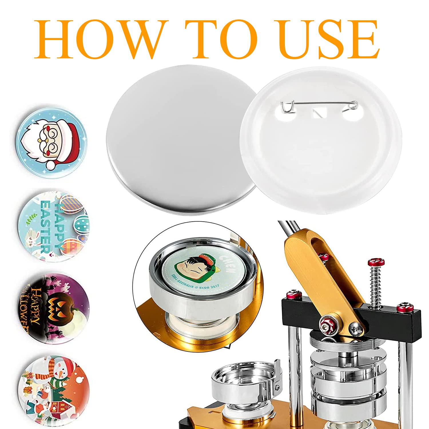 2.25 Inch Blank Button Badge Maker Kit - 98 Pack Metal Button Shells, Plastic Back Covers & Clear File Components for DIY Crafts, Arts, Souvenirs - Perfect for Button Maker Machines, Gifts, Events & School Projects