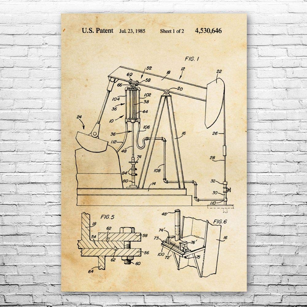 Vintage Oil Well Pump Jack Poster Print - Energy Contractor & Roughneck Gift - Oil Industry Art & Rig Blueprint - 12x16 Inch Wall Decor for Office, Man Cave, or Oilfield Worker Appreciation