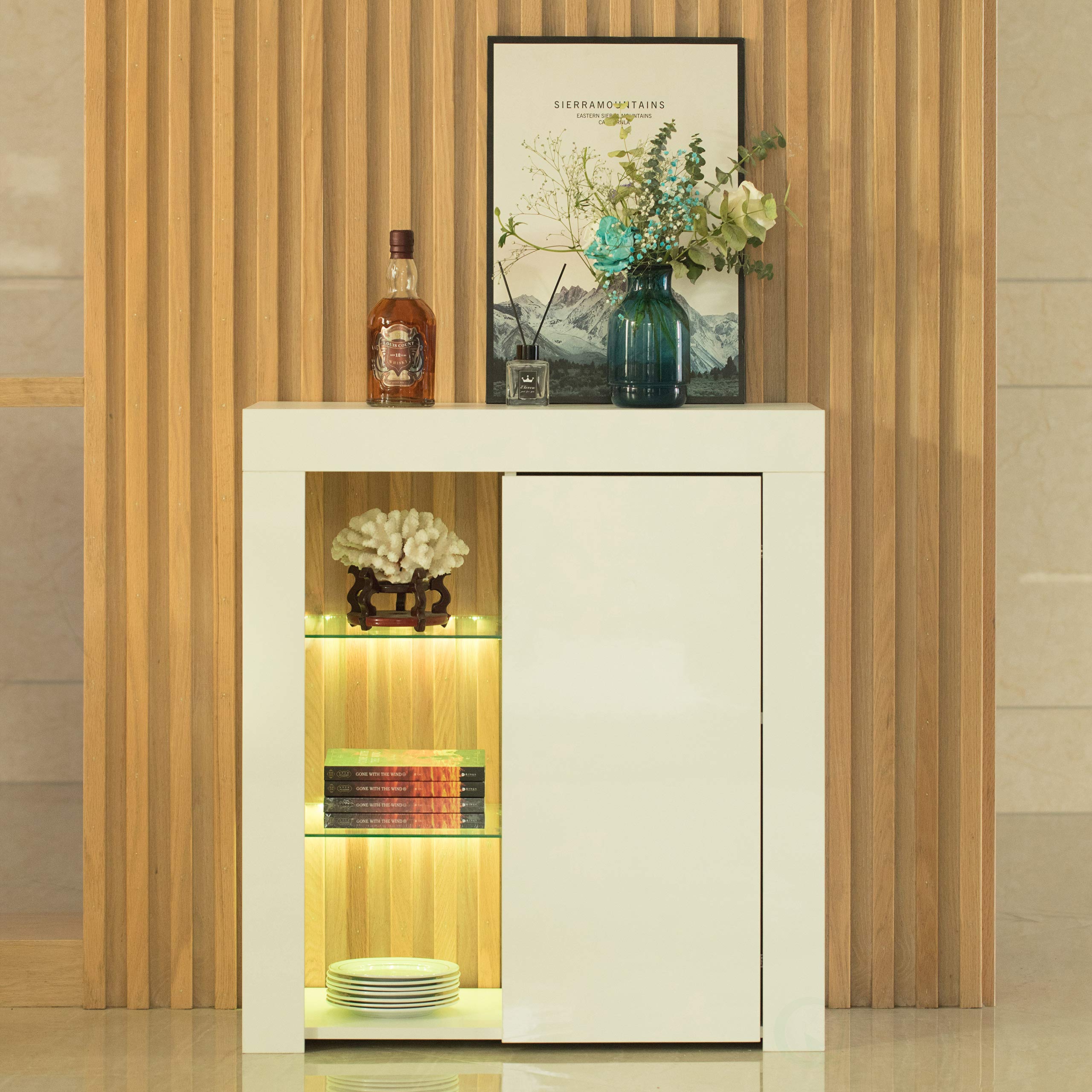 Basicwise White LED Side Storage Cabinet for Office & Living Room - Organize Files, Books & Decor with Style
