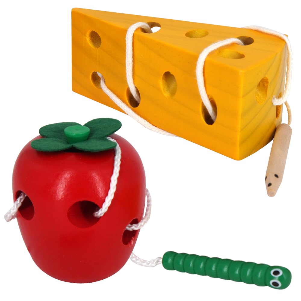 Montessori Wooden Lacing Toys for Toddlers - Early Learning Caterpillar & Cheese Puzzle Set, Educational Wood Block Toys for Boys & Girls | Perfect for Preschool Activities, Fine Motor Skills Development & Montessori Classroom Use