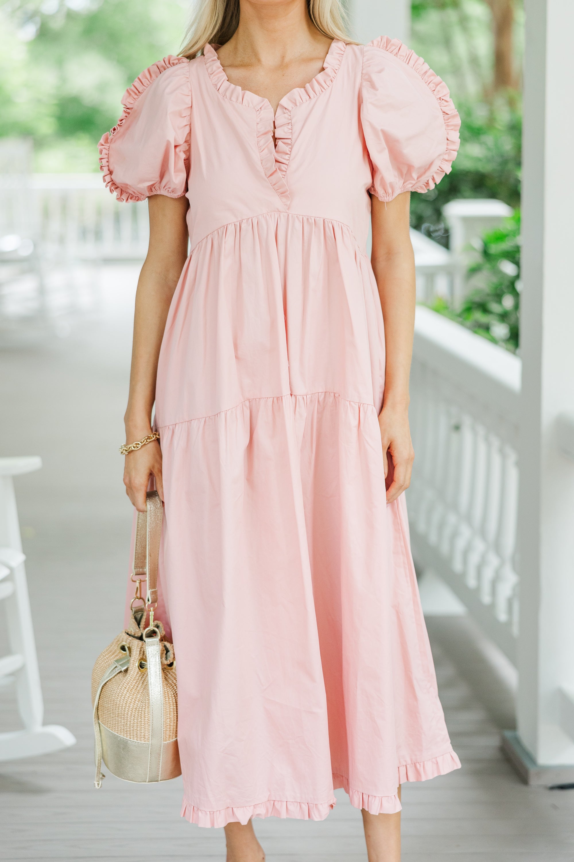 Elegant Dusty Pink Ruffled Midi Dress for Women | Flowy Summer Dress with Gentle Breeze Design | Perfect for Beach Vacations, Date Nights & Garden Parties