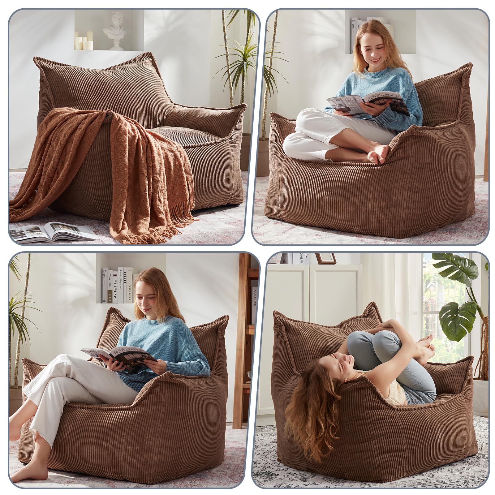 Giant Bean Bag Chair for Adults & Teens - Extra Large Comfy Corduroy Bean Bag Sofa with Armrests & Included Filler - Perfect for Bedroom, Living Room, Game Room & Dorm Relaxation