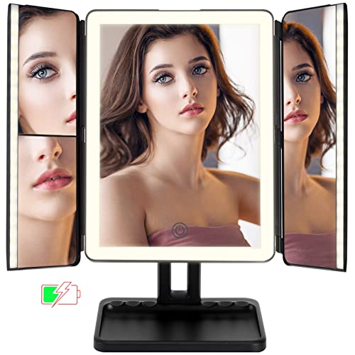 176 LED Rechargeable Makeup Mirror with 2X/3X Magnification - Super Bright Trifold Vanity Mirror with 3 Color Lighting Modes, Cordless Beauty Desk Mirror for Makeup Application, Skincare & Grooming (Black)