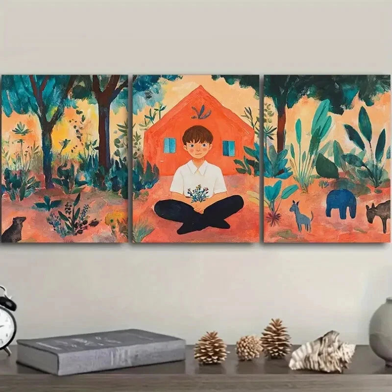 3-Piece Vibrant Boy & Wildlife Scenes Wall Art Set - Framed Canvas Prints 50x70cm - High Quality Australian-Made Wall Decor - Ready to Hang - Perfect for Kids' Rooms, Nurseries & Living Room Decor