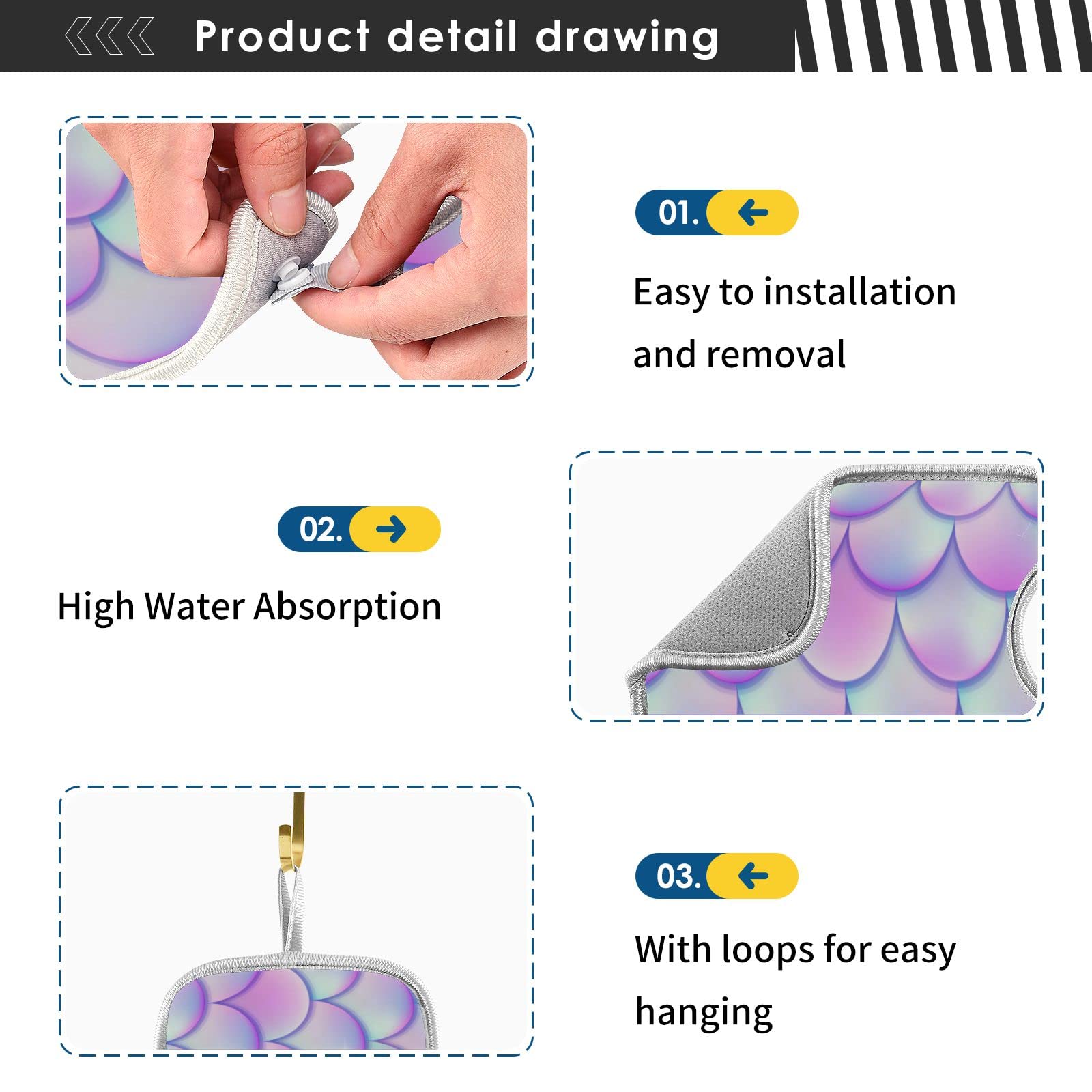 **2 Pack Mermaid Tail Texture Sink Splash Guard - Absorbent & Quick-Drying Faucet Drip Catcher Mat for Kitchen, Bathroom & RV - Glitter Handle Cover for Stylish & Mess-Free Sinks**    *(Use: Prevents water splashes, keeps countertops dry, and adds a decorative touch to sinks in kitchens, bathrooms, or RVs.)*