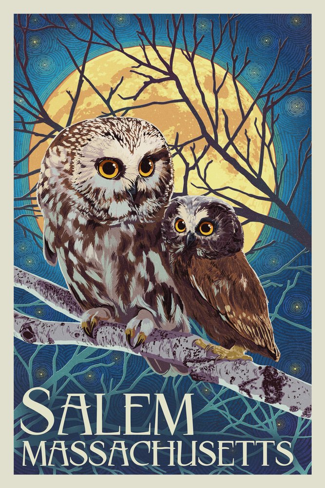 Salem Massachusetts Owl & Owlet Letterpress Art Print - 16x24 Wrapped Canvas Wall Decor for Home, Office & Gothic Style Interior Design