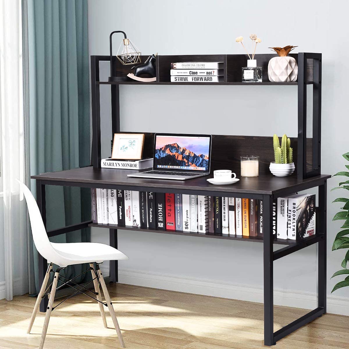 Tangkula Computer Desk with Hutch - Home Office Desk with Storage Shelves, Study Writing Workstation, Space Saving Design for Small Spaces, Dark Walnut Finish - Perfect for Remote Work & Online Learning