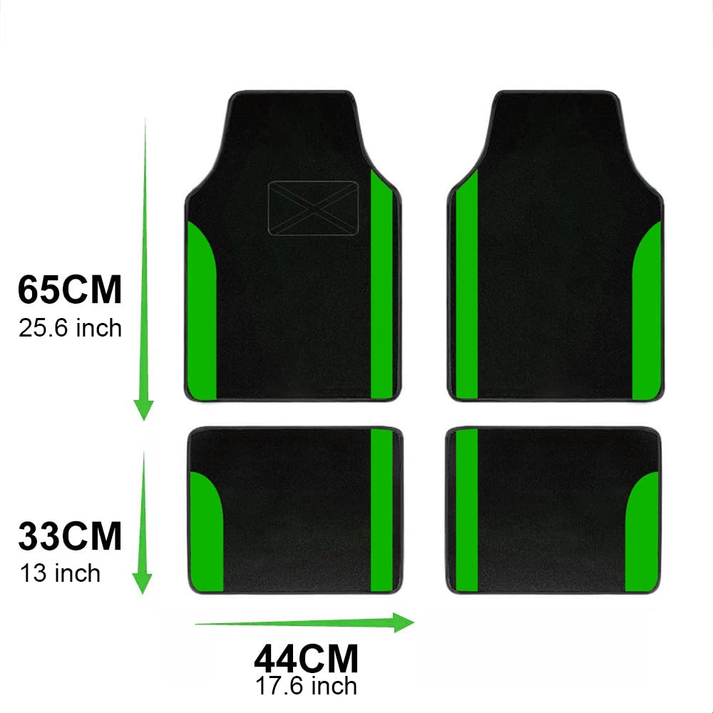 Premium Universal Car Carpet Floor Mats - 4-Piece Set for SUVs, Trucks, Sedans & Vans | All-Weather Protection (Black with Green Trim) | Perfect for Daily Commutes, Road Trips & Family Adventures