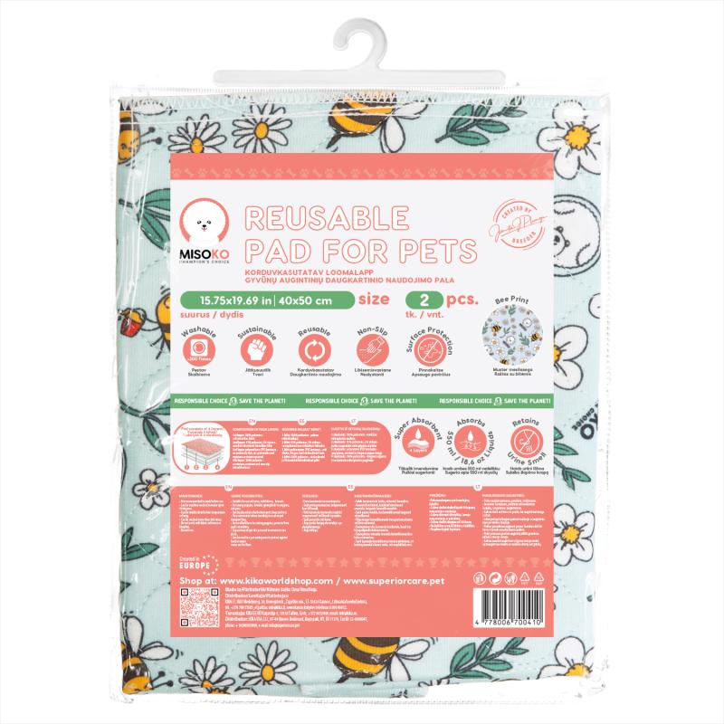 Misoko Reusable Pet Pads with Bees Print, Blue Color, 2-Pack - Absorbent & Washable for Dogs, Cats, Puppies - Perfect for Crate Training, Bedding & Travel