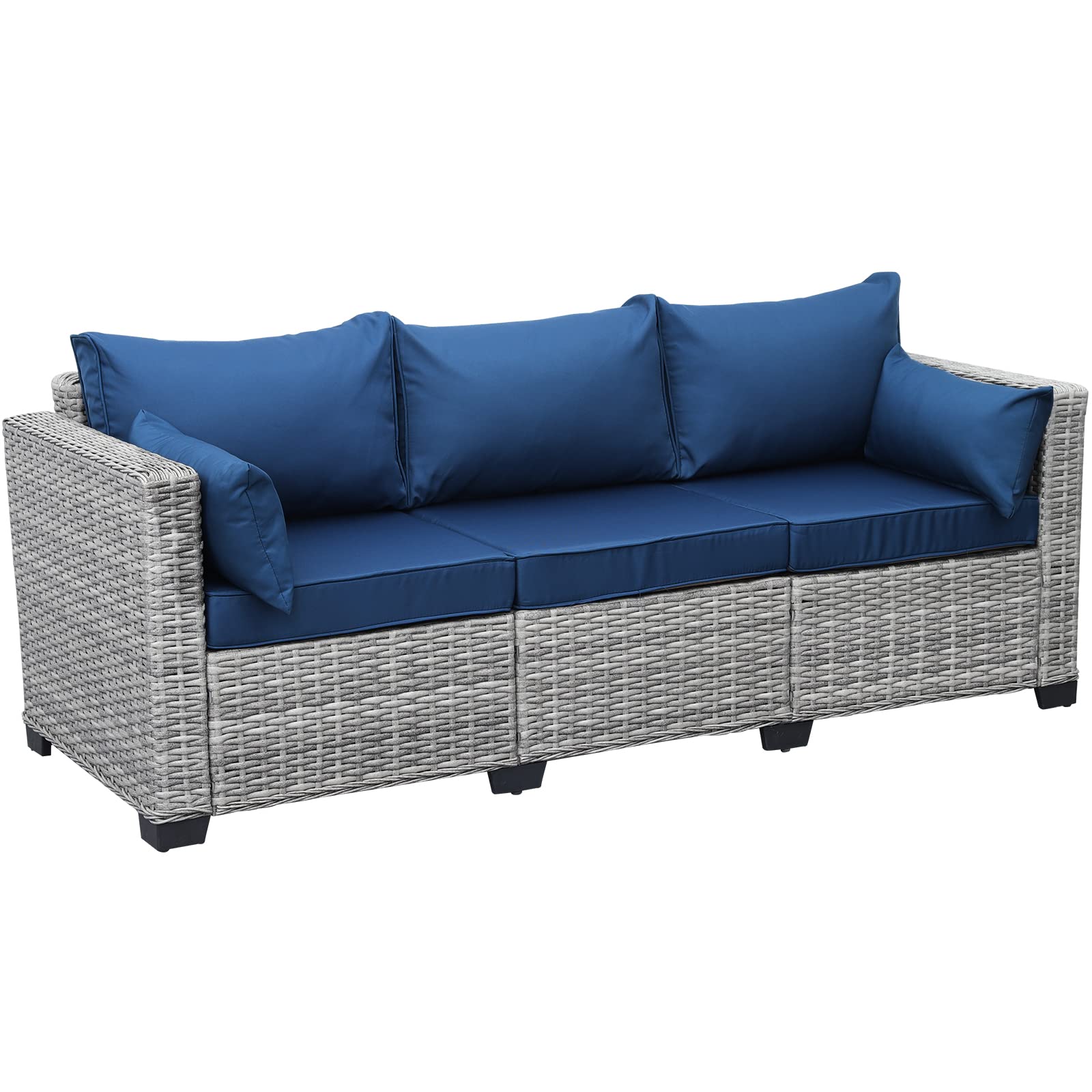 Rattaner 3-Piece Outdoor Wicker Patio Sofa Set - Grey Waterproof Deep Seat Couch with High Backrest, Anti-Slip Cushions & Navy Blue Cover - Perfect for Garden, Poolside, and Backyard Relaxation