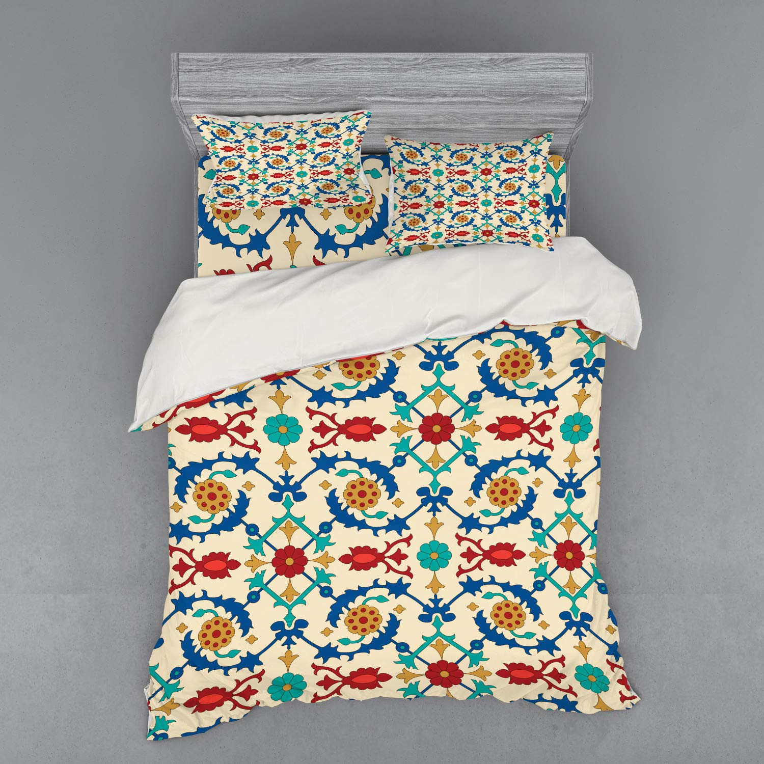 Ambesonne Moroccan Bedding Set 4-Piece - Queen Size Duvet Cover with Shams & Fitted Sheet, Floral Baroque Ethnic Design, Multicolor Eastern Art Motifs | Perfect for Bohemian Bedroom Decor & Guest Room Styling