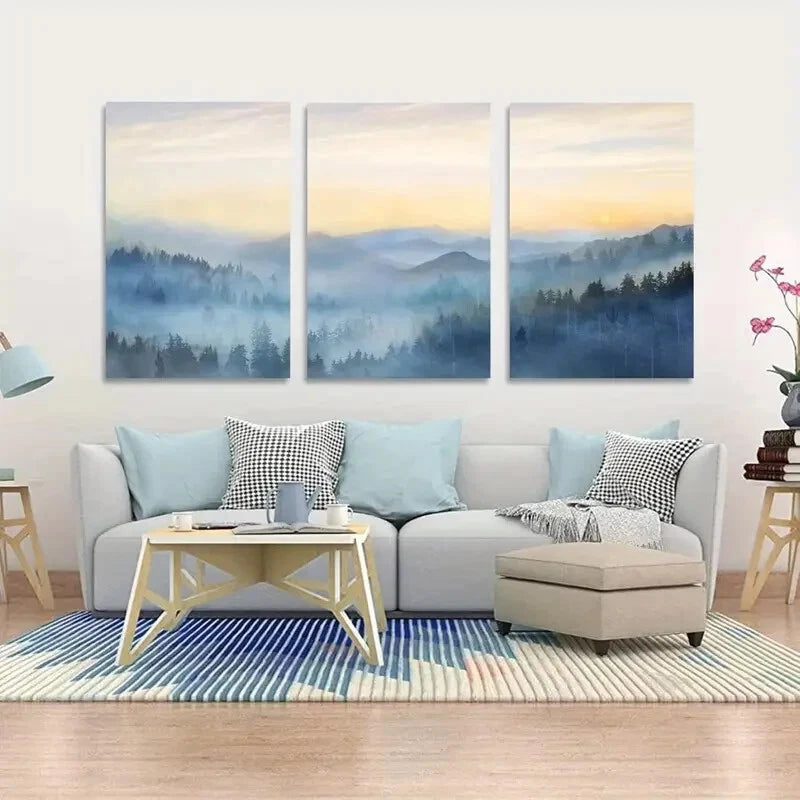 3-Piece Sunrise Fog Forest Metal Wall Art Prints - Ready to Hang Nature Landscape Decor for Living Room, Bedroom & Office