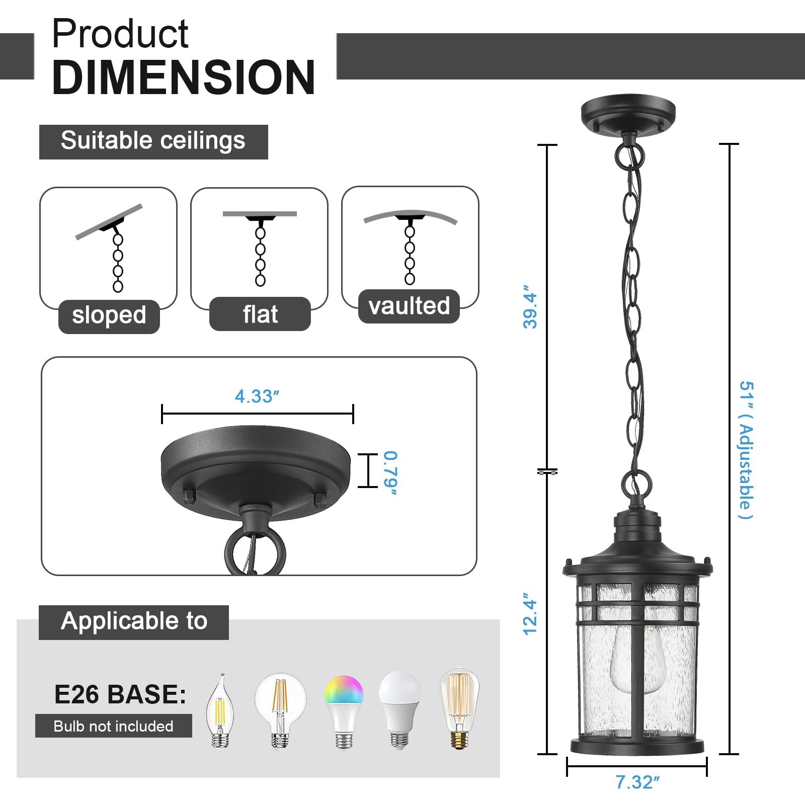 Darkaway Outdoor Pendant Lights - Black Aluminum Hanging Porch Chandelier with Seeded Glass, Ceiling Mount for Front Porch, Gazebo, Patio (Medium Size) - Perfect for Outdoor Dining, Garden Parties and Entryway Lighting