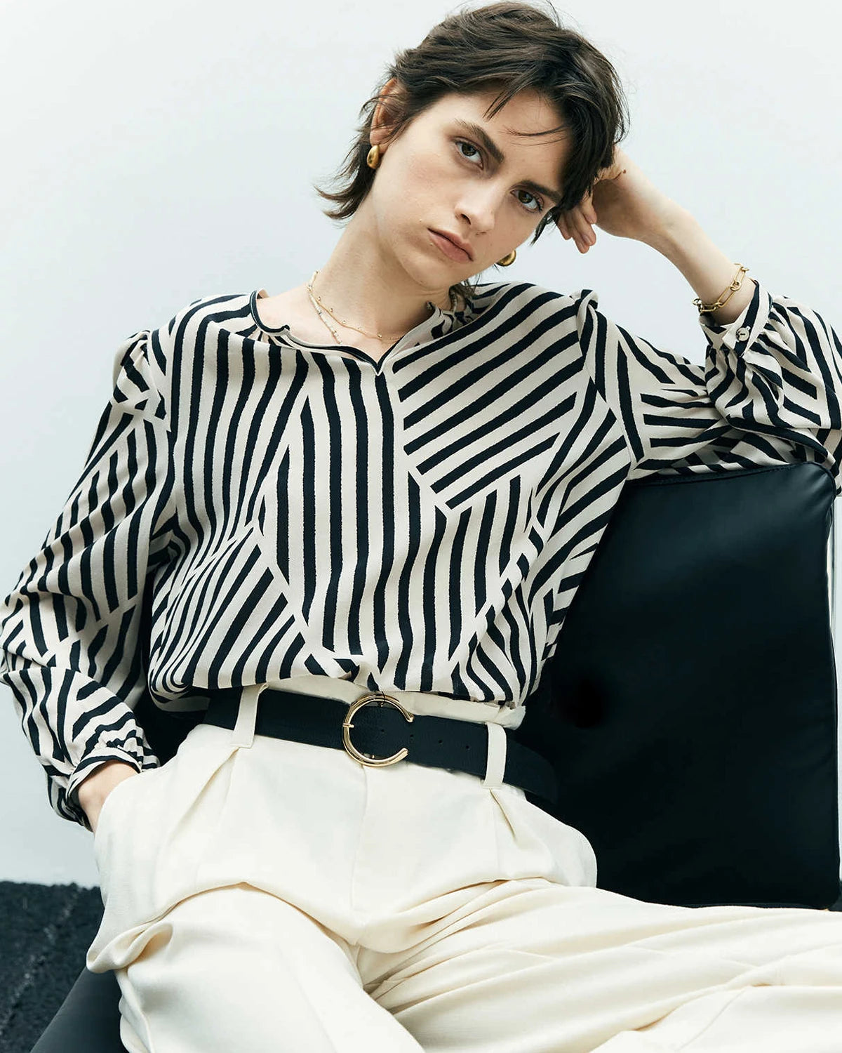 Elegant Geometric Stripe Silk Blouse for Women - Luxury Silk Shirt with Unique Print - Perfect for Office Wear, Date Night & Special Occasions