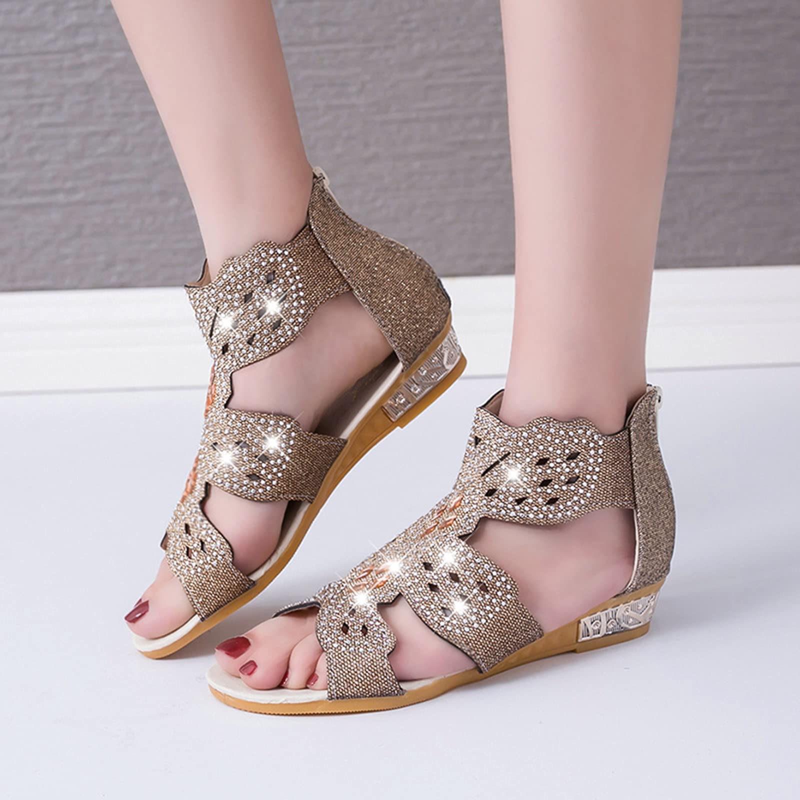 COOKI Women's Summer Sandals - Casual Roman Zipper Hollow Out Wedge Flat Sandals for Women | Comfortable Beach Walking & Vacation Shoes