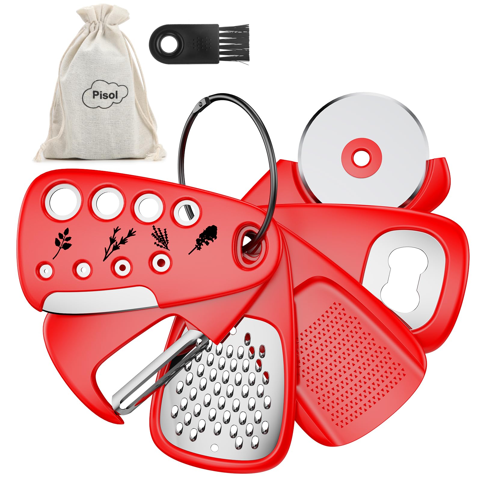 6-Piece Kitchen Gadget Set - Space Saving Cheese Grater, Bottle Opener, Fruit Vegetable Peeler, Pizza Cutter, Garlic Ginger Grinder & Herb Stripper - Perfect for Cooking, Baking & Hosting Gifts