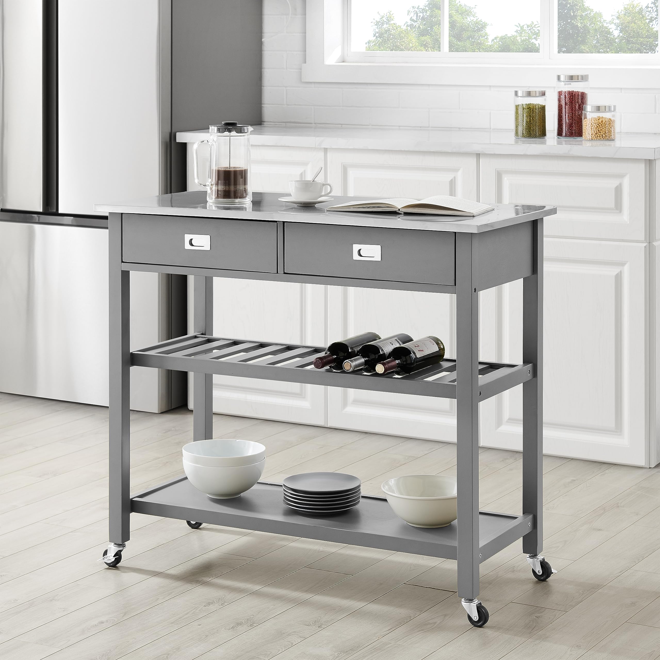 Crosley Chloe Stainless Steel Kitchen Island Cart with Wheels - Microwave Stand, Wine Rack & Storage Cabinet for Small Spaces - Perfect for Apartments, Dorms & Compact Kitchens (Gray)