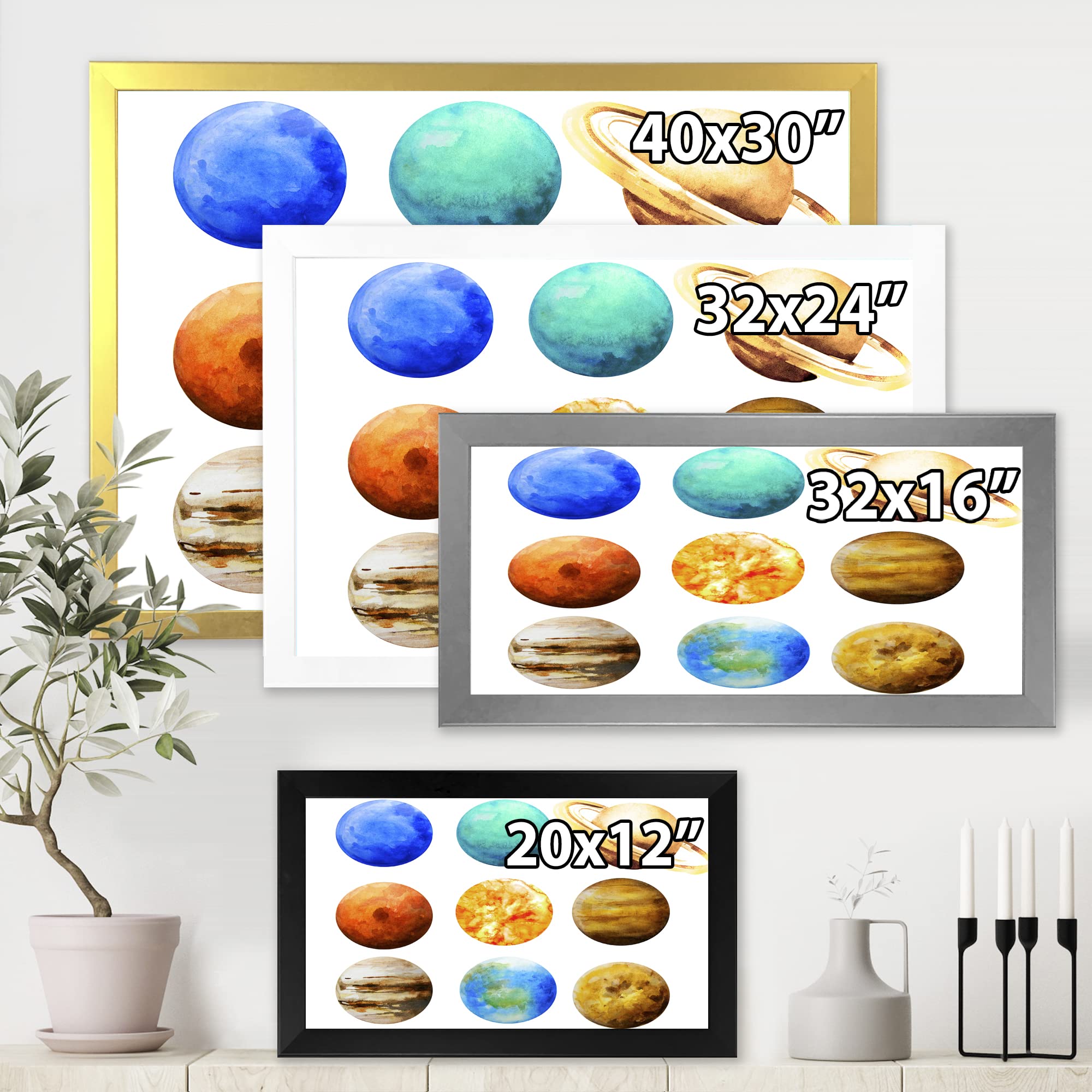 DesignQ Various Planets in Orbit Modern Framed Wall Art - Solar System Decor for Living Room, Bedroom & Office Space