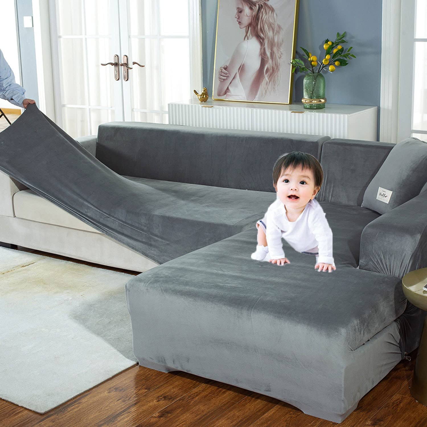 Stretch L-Shaped Sofa Slipcover for Sectional Couch - 3+3 Seat Gray Furniture Protector Cover for Pets, Kids & Living Room - Perfect for Pet Owners, Families & Home Decor