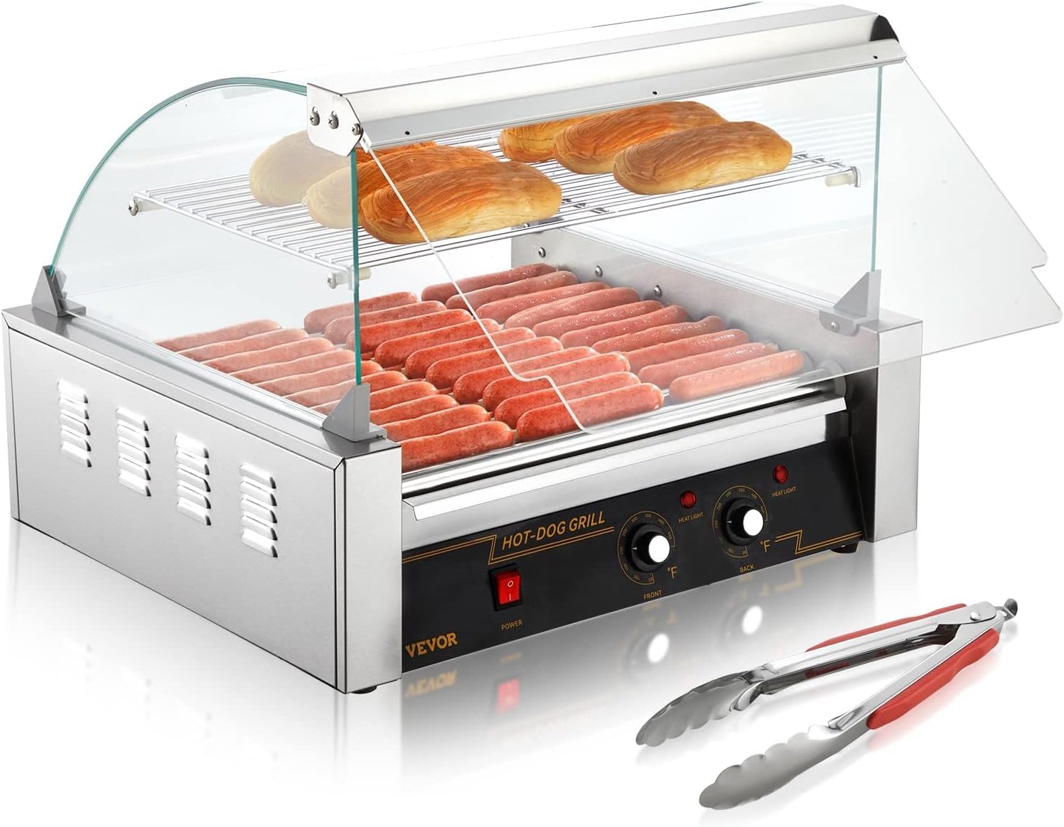 VEVOR Commercial Hot Dog Roller Machine - 30 Hot Dog Capacity, 11 Stainless Steel Rollers, 1800W Electric Sausage Grill with Cover, Dual Temperature Control, LED Light & Removable Drip Tray - Perfect for Restaurants, Food Trucks, Cafeterias, and Home Kitchens