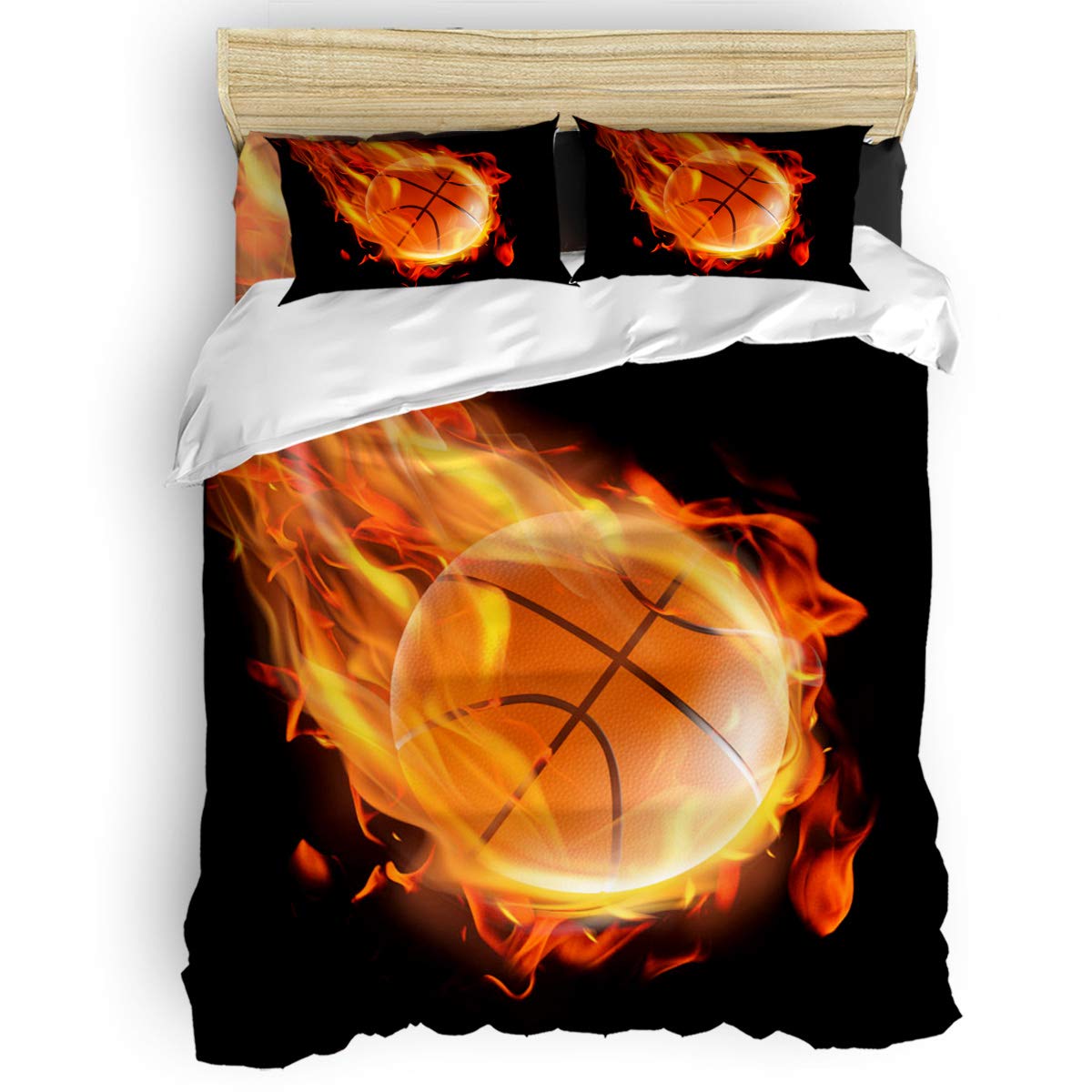 Soft & Durable 3D Basketball Kids Duvet Cover Set with Zipper Closure - King Size Bedding Includes 1 Flat Sheet, 1 Duvet Cover & 2 Pillowcases - Cool Fire Xmas Design for Teens & Children's Bedroom Decor