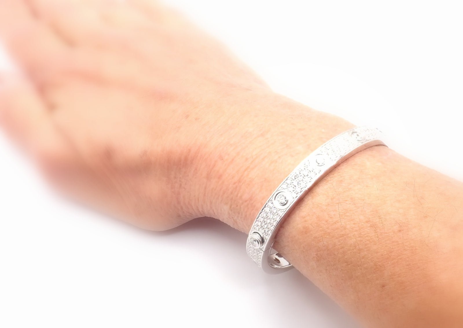 Authentic Cartier Love 18K White Gold Diamond Pave Bangle Bracelet Size 17 - Luxury Jewelry Gift for Women, Anniversary & Special Occasions