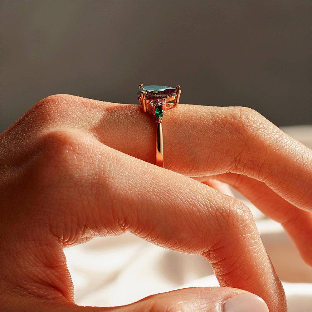 1.5 Carat Pear-Shaped Alexandrite Engagement Ring with Emerald Accents - Perfect for Proposals, Anniversaries & Special Occasions