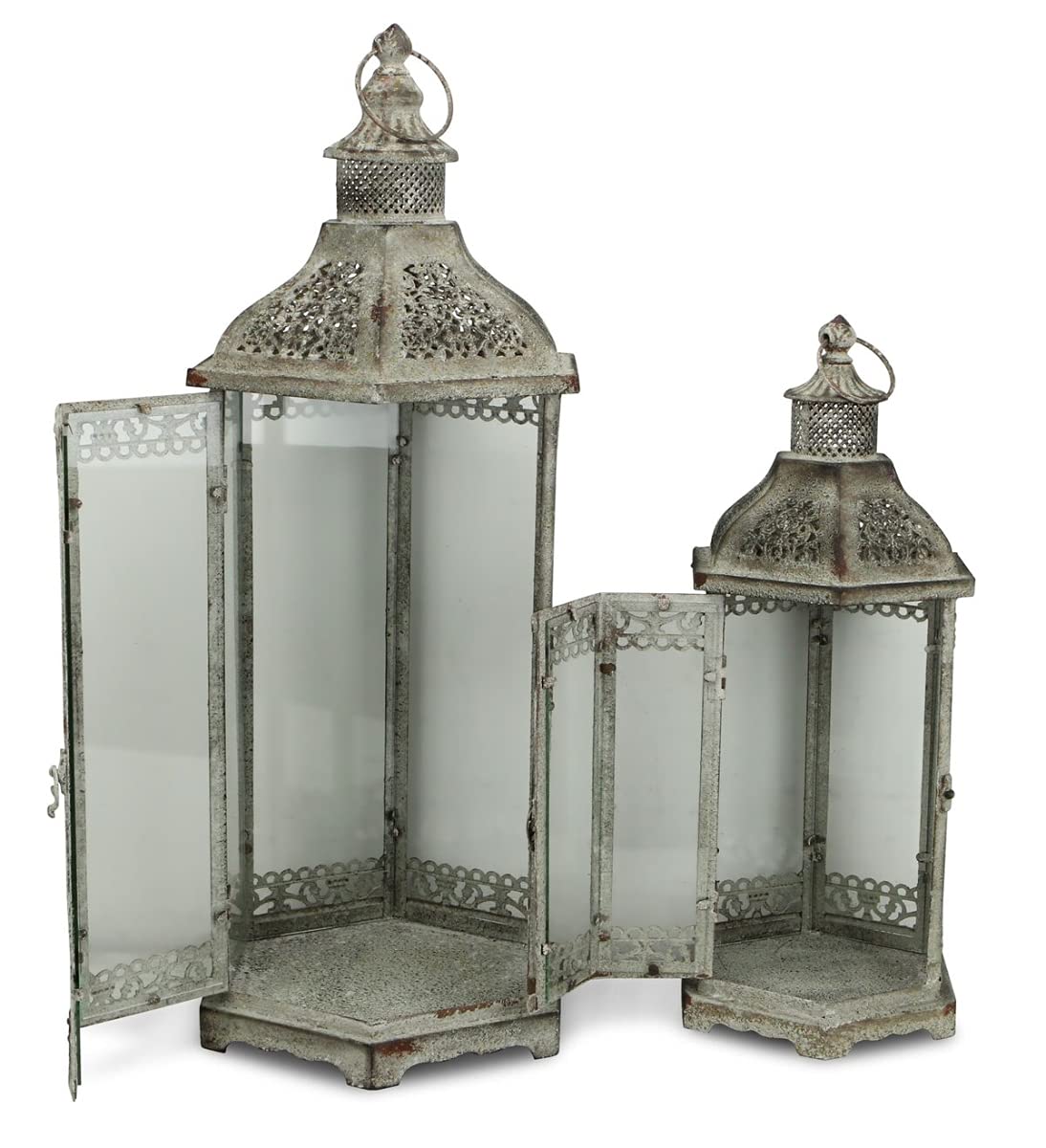 Cheung's 5232-2BR Brown Hexagonal Metal Framed Lantern with Glass Panels - Set of 2 Outdoor Hanging Lights for Patio, Garden, Porch Decor