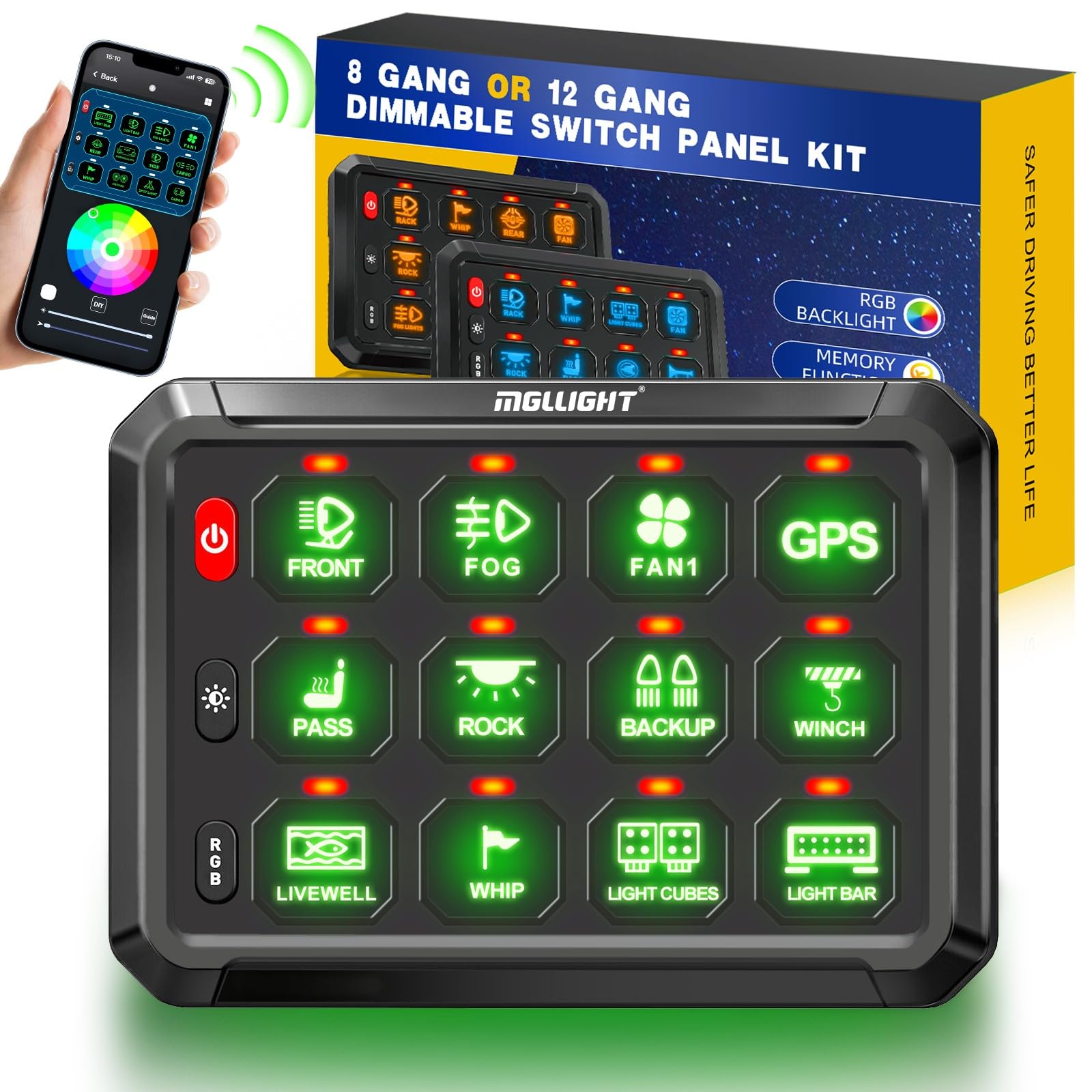 12 Gang RGB Bluetooth Switch Panel with Strobe & Momentary Toggle - Universal Control Box for Offroad, Boat, SUV, Camper Van, RV, ATV & Construction Vehicles | Perfect for Lighting, Audio & Accessory Control