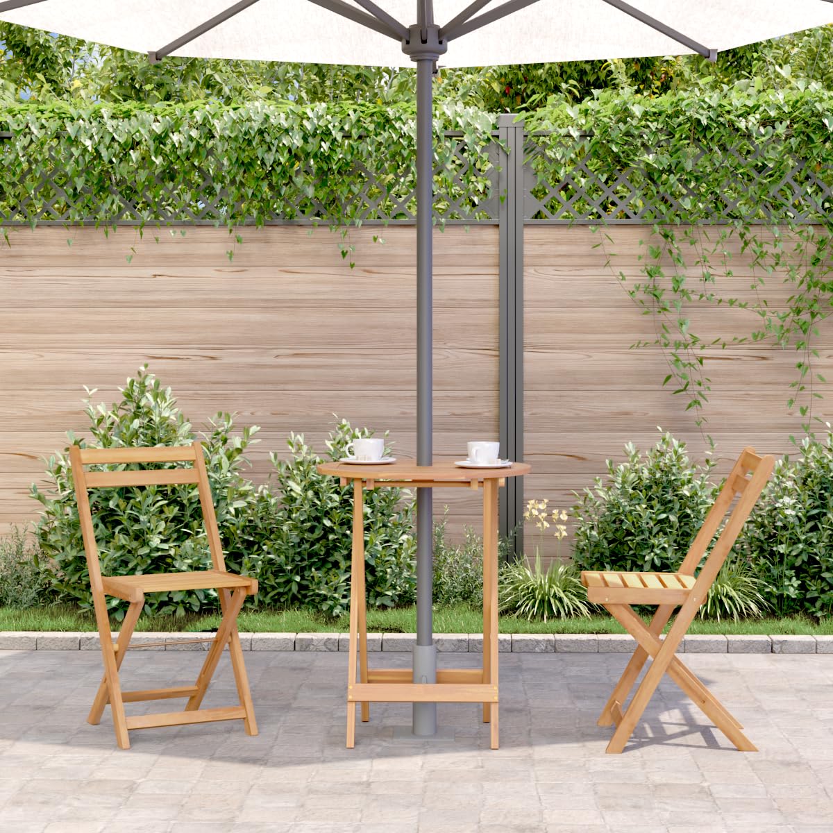 Acacia Wood Round Patio Table with Umbrella Hole & Foldable Design - 23.6