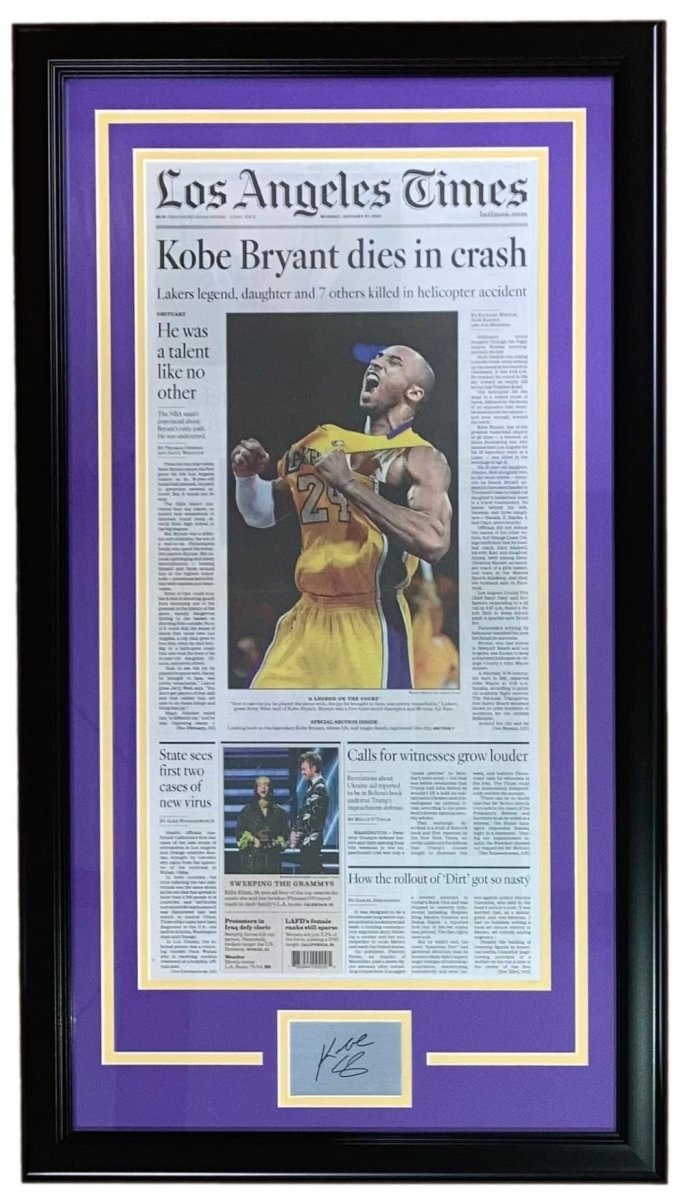 Kobe Bryant Lakers Framed Newspaper - LA Times Jan 27 2020 Edition with Laser Engraved Signature - Perfect for Sports Memorabilia Collectors and Lakers Fans Home Decor