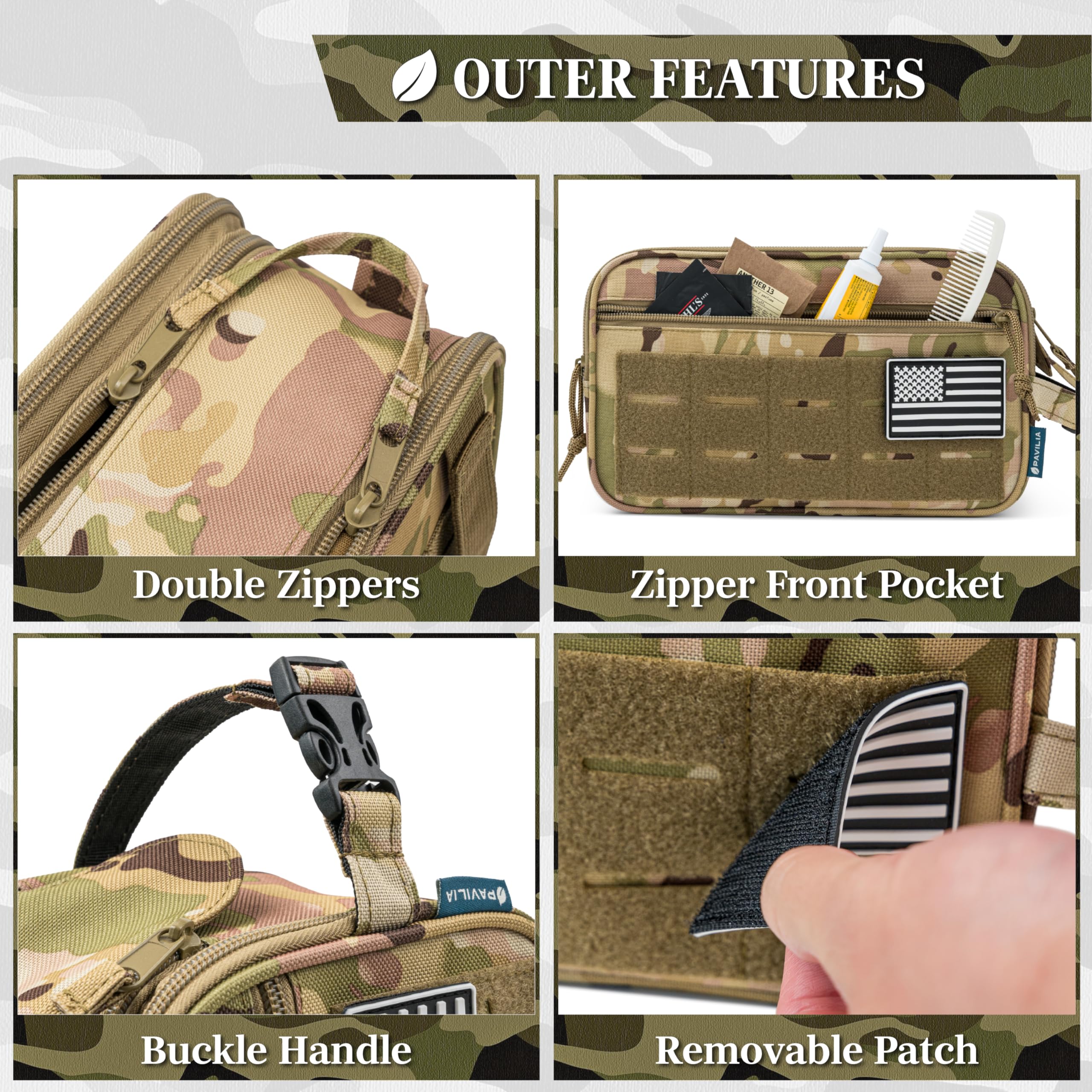 Pavilia Tactical Toiletry Bag for Men - Waterproof Military Dopp Kit with Molle Pouch | Travel Shaving Grooming Essentials Organizer | Compact Bathroom Shower Toiletries Case (Camo) - Perfect for Camping, Gym & Business Trips