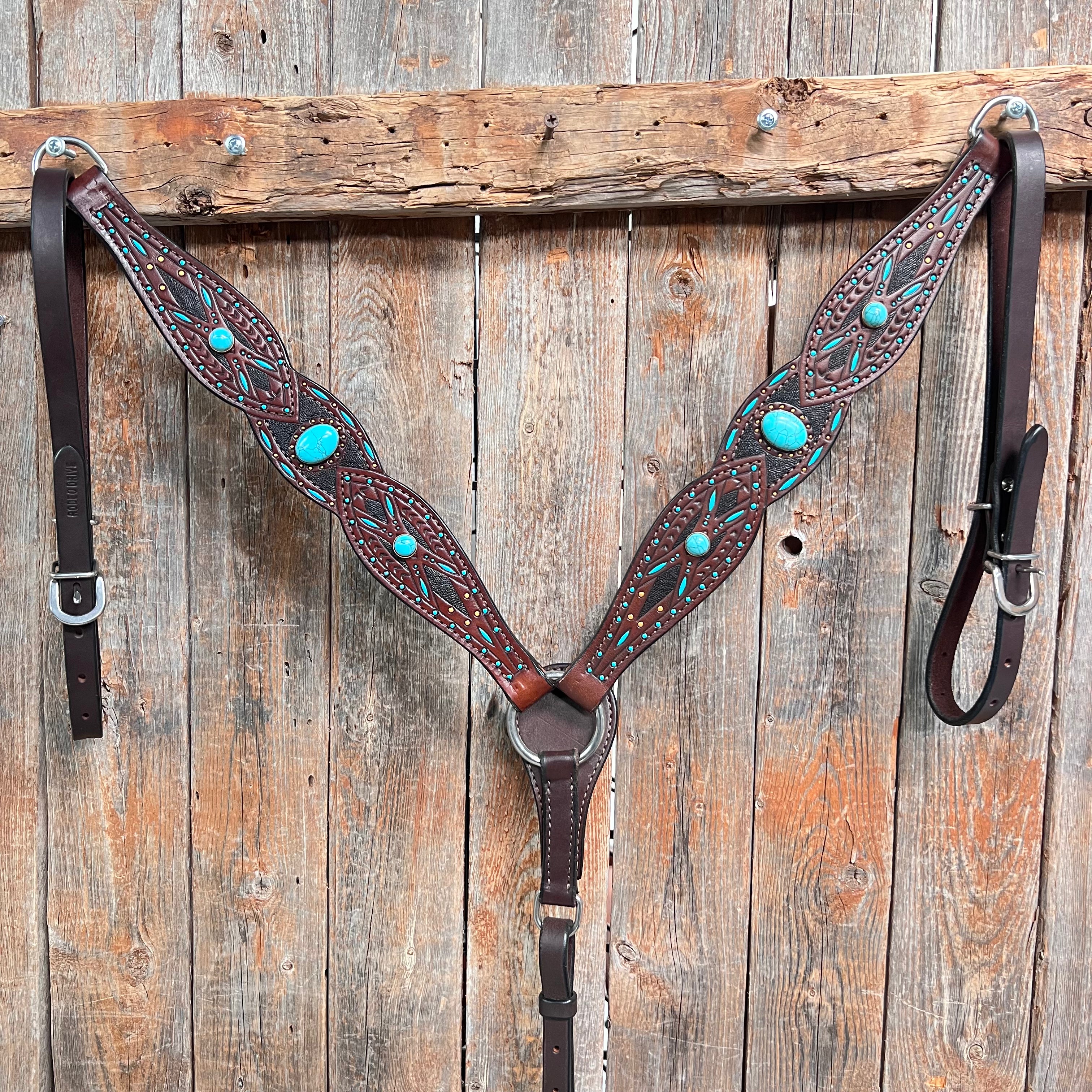 Hand-Painted Turquoise Cabochon Dark Oil Leather Ear & Breastcollar Tack Set #OEBC584 – Perfect for Western Horse Riding & Show Competitions