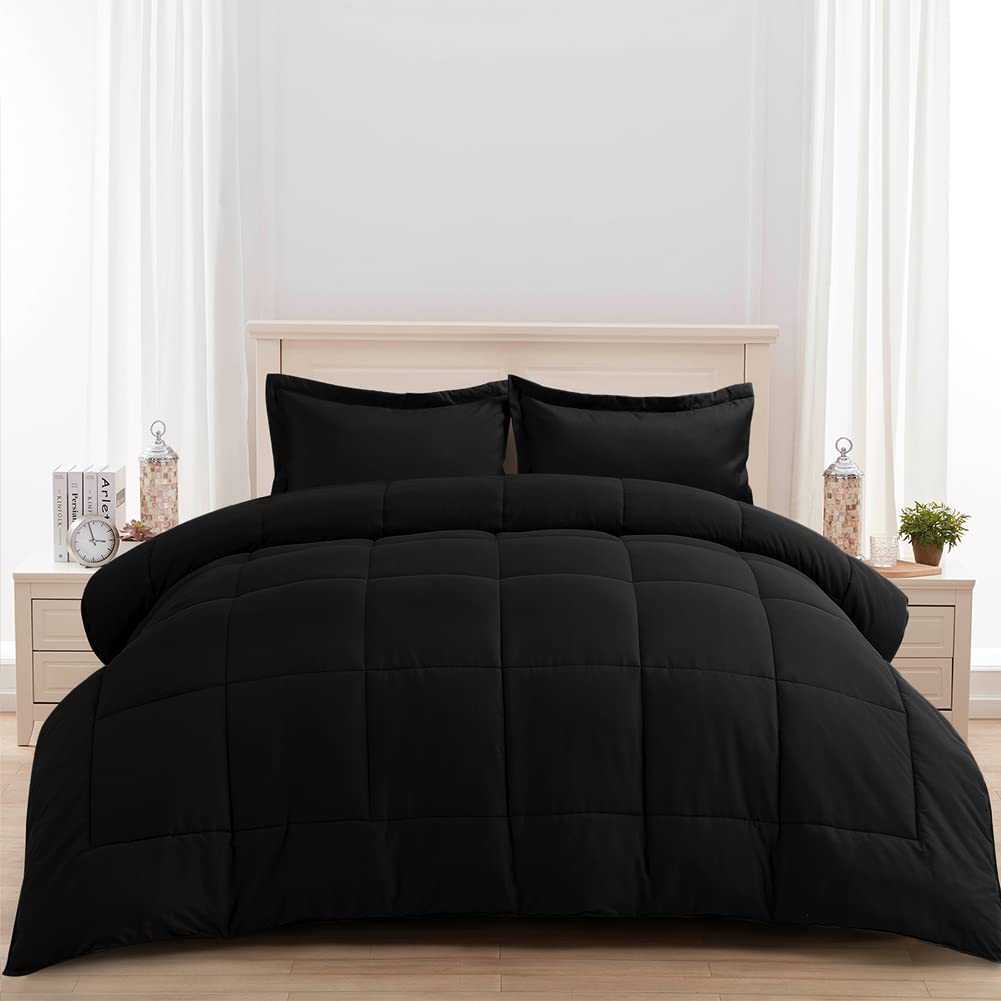AMGUI Queen Comforter Set 3 Pieces - Goose Down Alternative Comforter with 2 Pillow Shams - Extra Thick & Soft All Season Bedding - Machine Washable - Perfect for Master Bedroom, Guest Room or Dorm (Queen Size, Black)