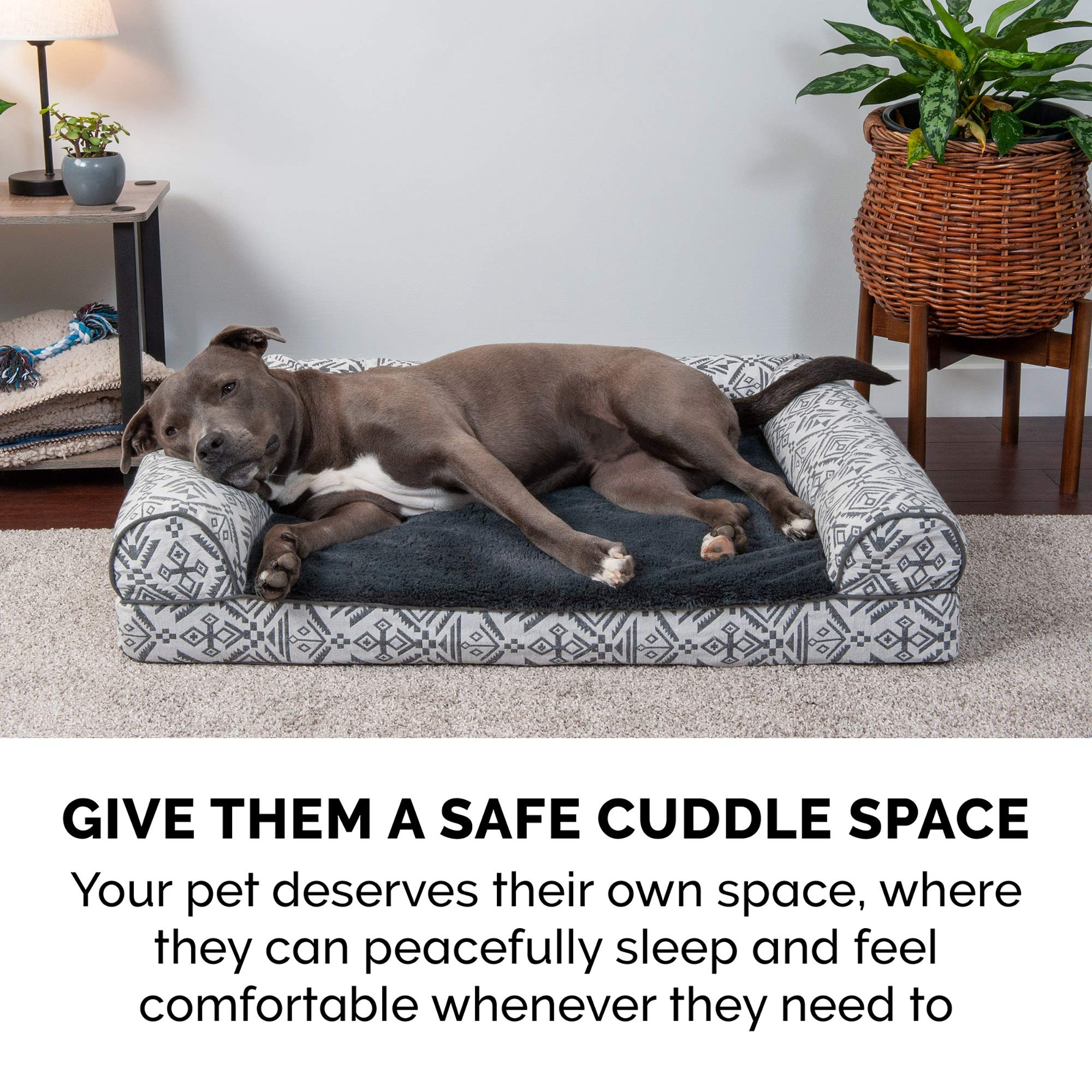 **Furhaven Orthopedic Dog Bed for Small & Medium Dogs - Plush & Southwest Kilim Woven Sofa Style - Removable Bolsters & Washable Cover - Supports Up to 35 lbs - Boulder Gray - Perfect for Living Room, Bedroom, or Pet-Friendly Spaces**