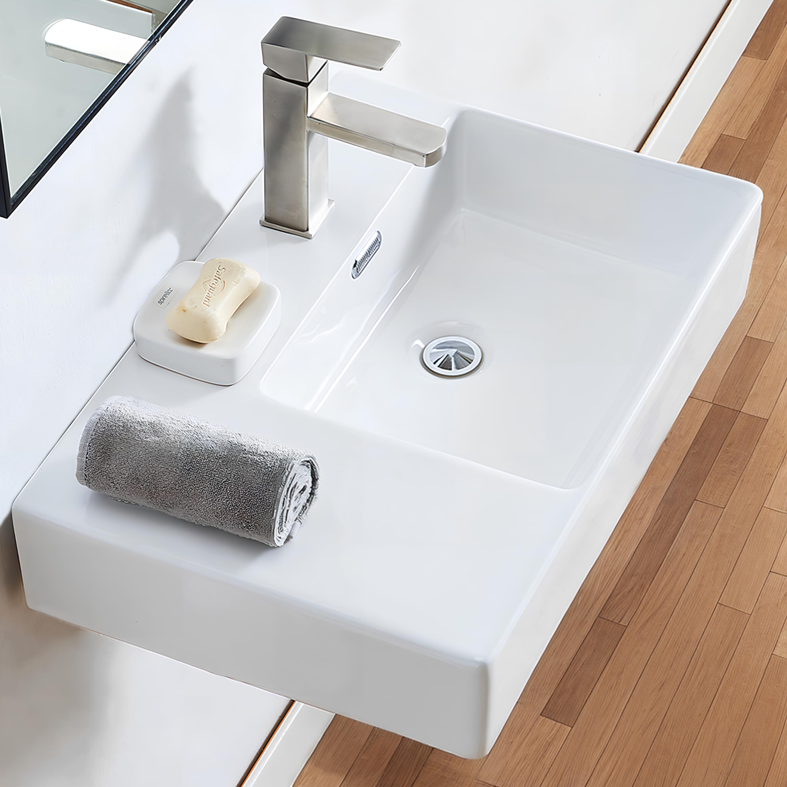 IKEBANA 24x17 Inch Wall Mounted Bathroom Sink - Modern Ceramic Floating or Countertop Vessel Lavatory Sink for Powder Room, Guest Bath & Small Spaces | Right Side Drain | White Rectangular Design