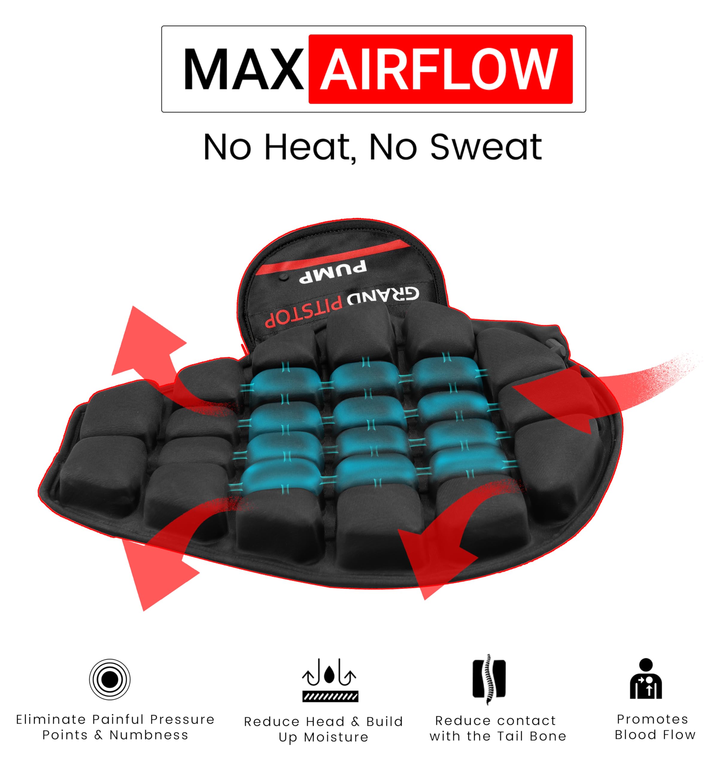 GRAND PITSTOP Motorcycle Air Seat Cushion with Pump - Inflatable Bubble Pad with Breathable Mesh Cover & Anti-Slip Base for Cruiser Bikes - Long Ride Comfort for Harley, Honda, Yamaha Motorcycles