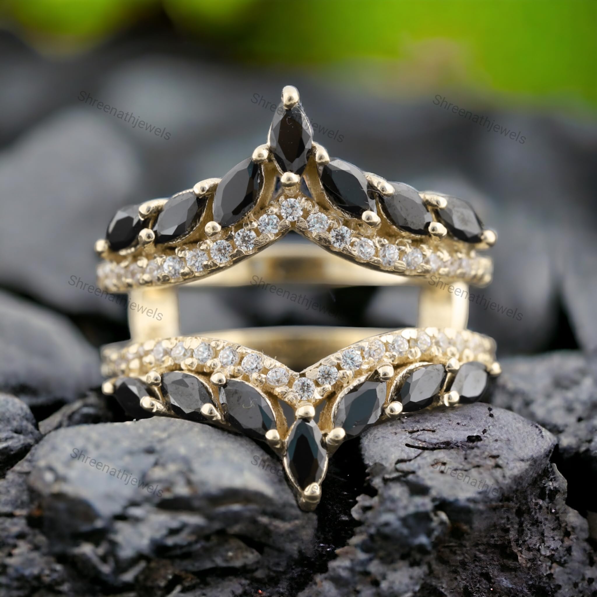 Black Onyx Wedding Band Enhancer Ring - Rose Gold Marquise Bridal Ring with CZ Diamonds | Unique Anniversary, Birthday Gift for Her | Perfect for Weddings, Engagements & Special Occasions | by SHREENATJEWELRY