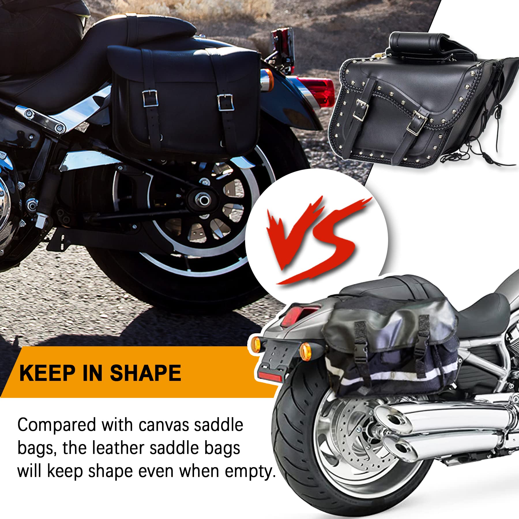 Dream Apparel Faux Leather Motorcycle Saddle Bags - Studded Throw Over Side Bags for Honda Shadow, Sportster, Softail & Dyna V-Star (Black) | Durable PVC Motorcycle Storage for Cruiser Bikes | Perfect for Road Trips & Daily Commuting