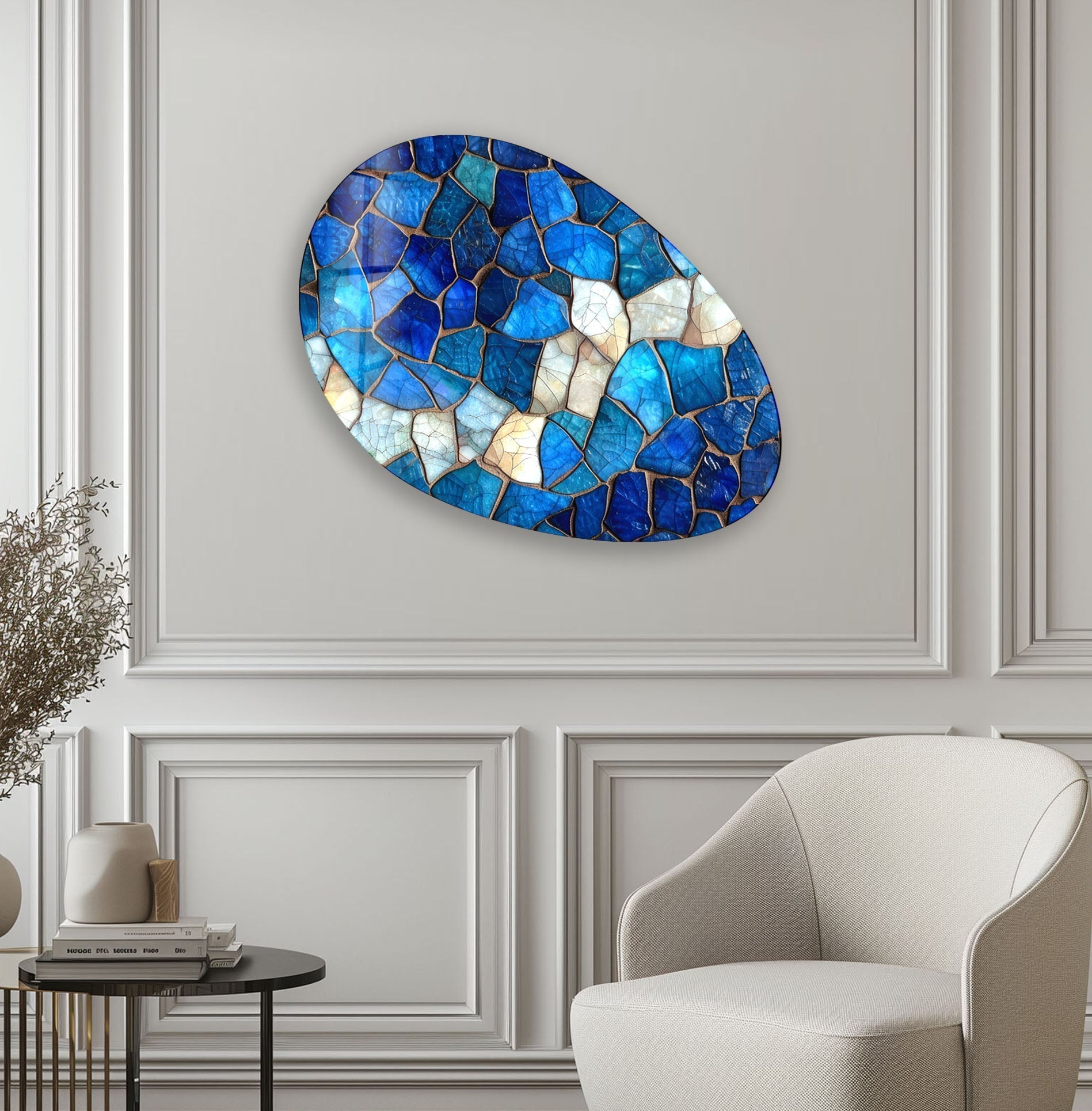 Blue Stained Decorative Oval Glass Wall Art - Handcrafted Modern Home Decor for Living Room, Bedroom & Office
