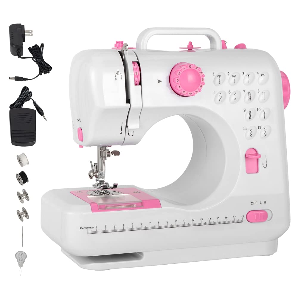 Portable Electric Sewing Machine with 12 Built-in Stitches, Multifunctional Household Desktop Seaming Machine with Reverse Stitch - White & Pink - Perfect for DIY Crafts, Clothing Repairs, and Home Decor Projects