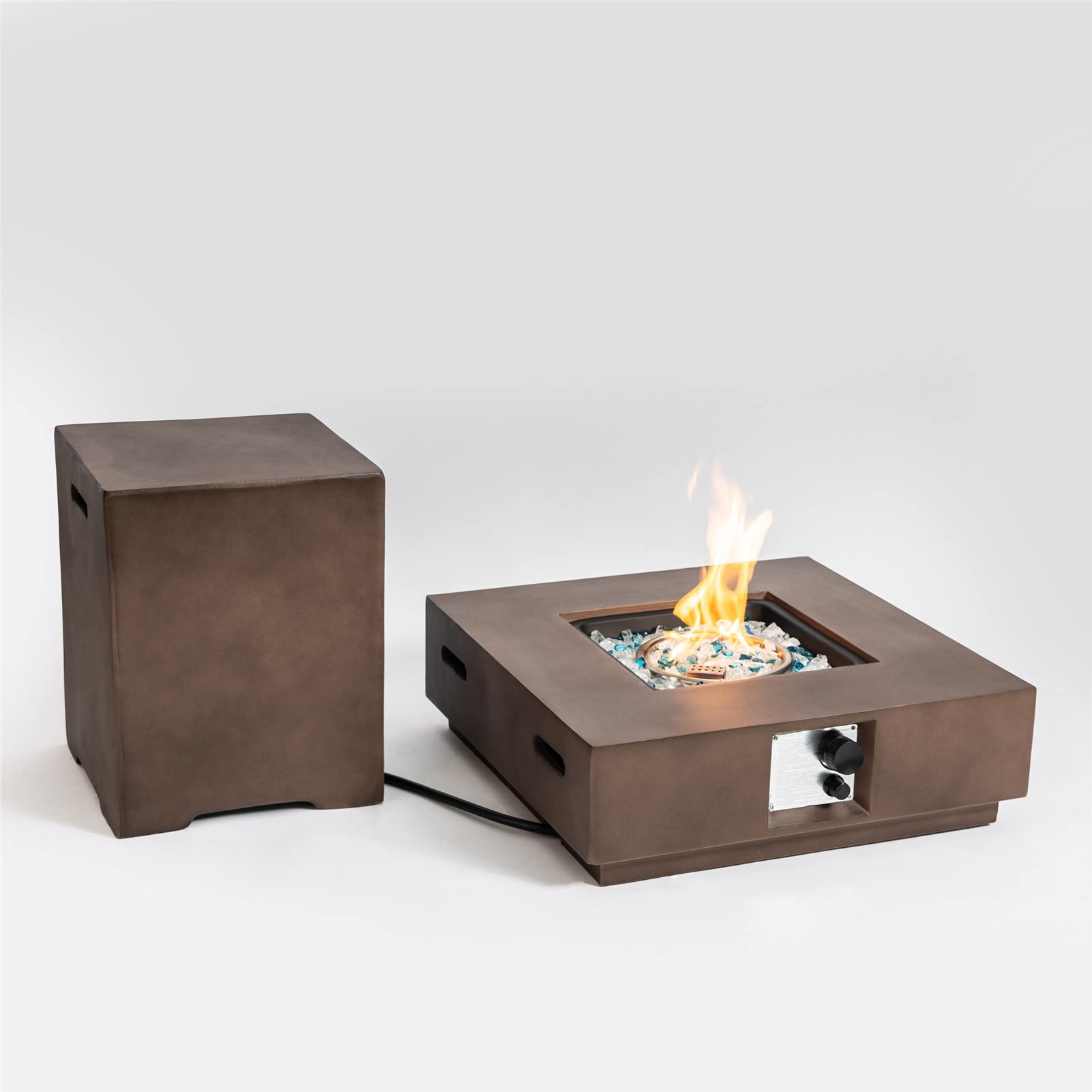 50,000 BTU Outdoor Propane Fire Pit Table - Concrete Gas Fire Column with Hideaway Tank Holder & Side Table | Perfect for Patio, Backyard, and Garden Gatherings (Brown Finish + Tank Cover)