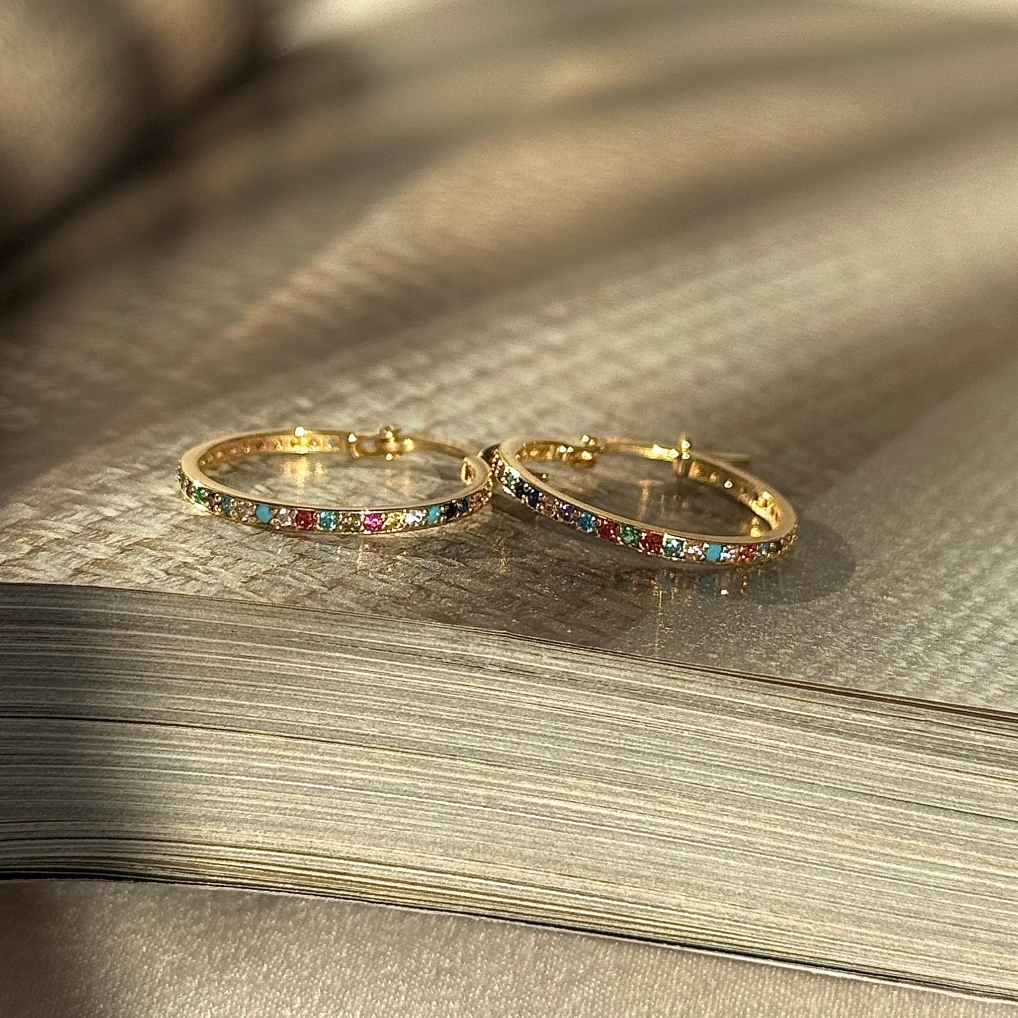 14K Yellow Gold Rainbow Pavé Studded Hoop Earrings - Dainty & Elegant Jewelry for Women - Perfect for Parties, Weddings & Everyday Wear