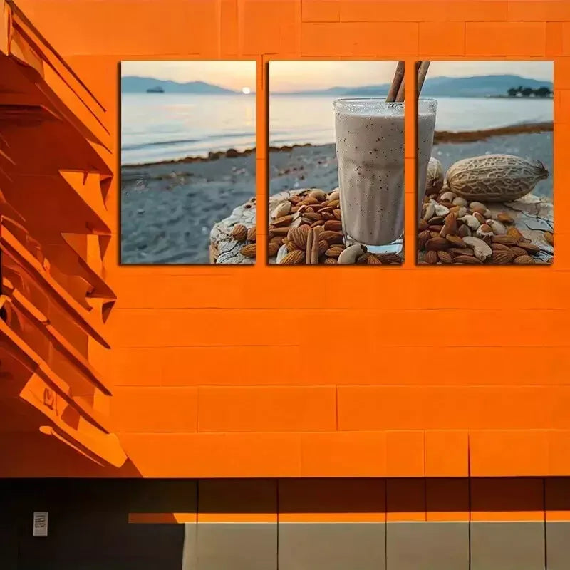 3-Piece Beach Sunset, Vanilla Beans & Nuts Wall Art Set - Framed Canvas 50x70cm (20x28in) - High Quality Australian Made Prints - Ready to Hang - Perfect for Living Room, Bedroom & Office Decor